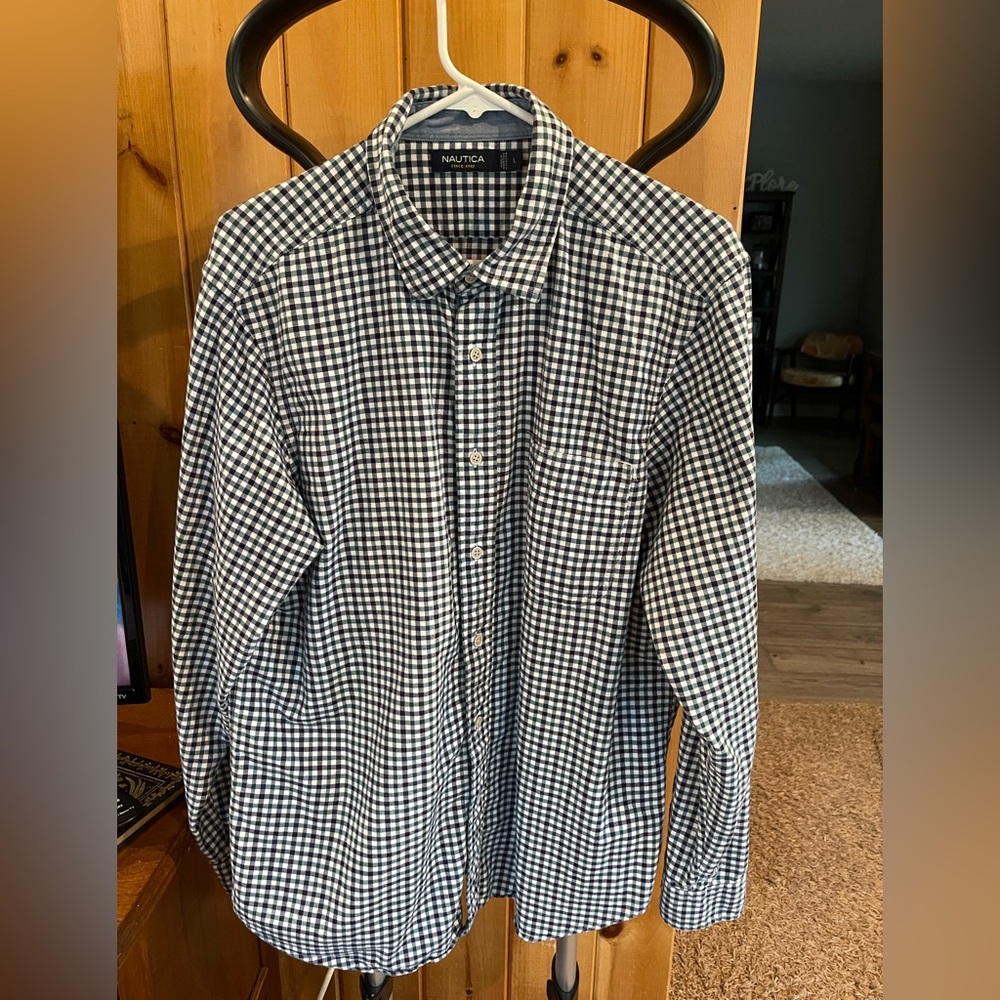 Nautica Men's Navy, Green and White Plaid Shirt